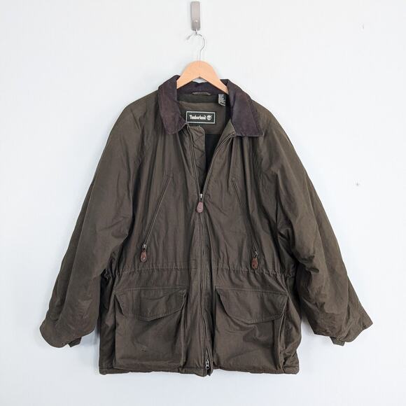 Vintage Timberland Barn Jacket L Green Brown Chore Coat Leather Collar Wool - Picture 1 of 13